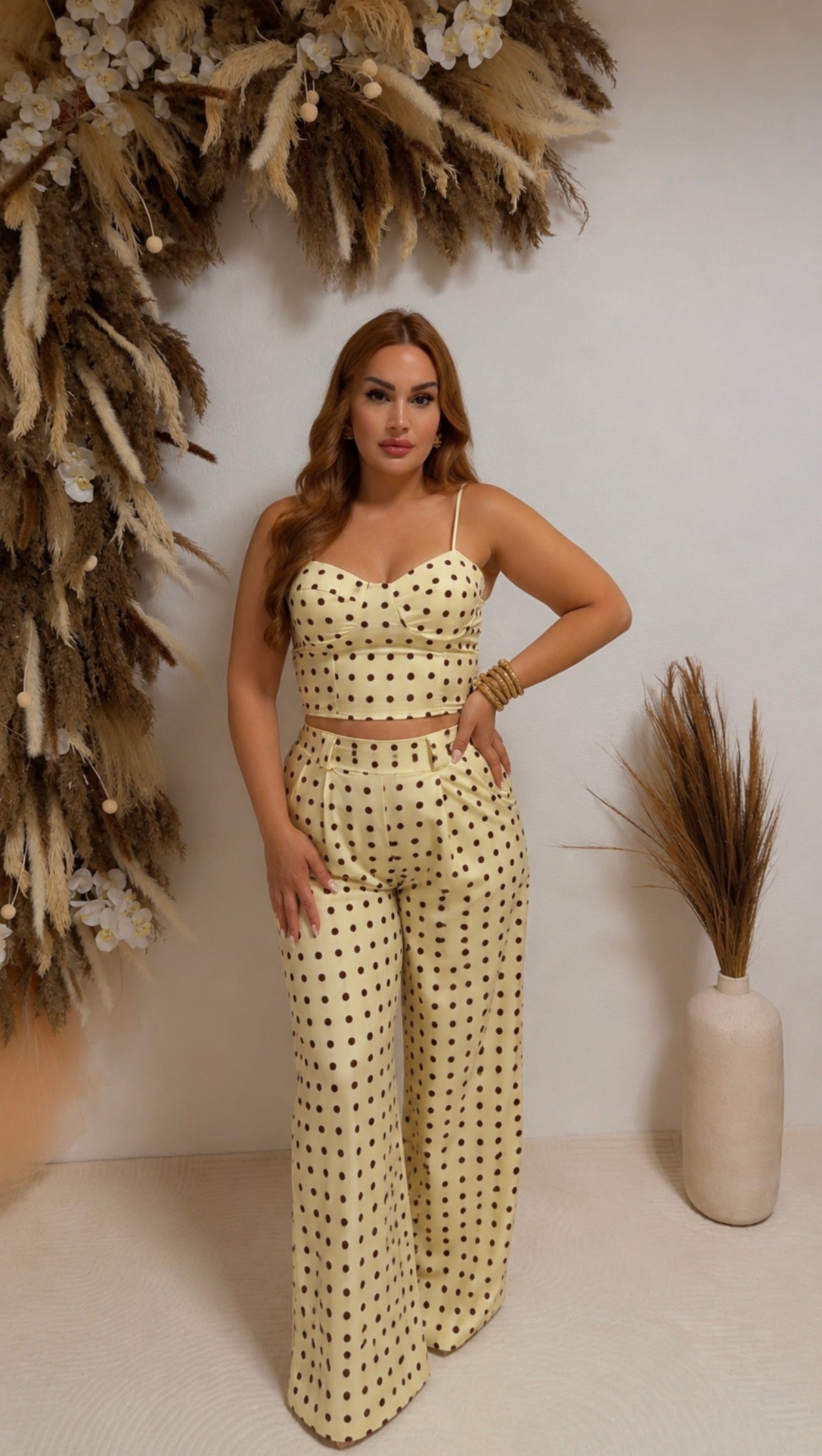 Eleganter Polka-Dot Zweiteiler – Crop Top & Palazzohose