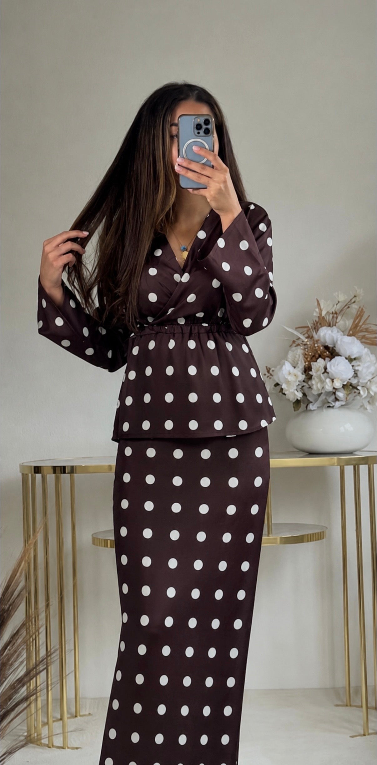 Elegantes Polka-Dot Zweiteiler-Set – Bluse & Maxirock