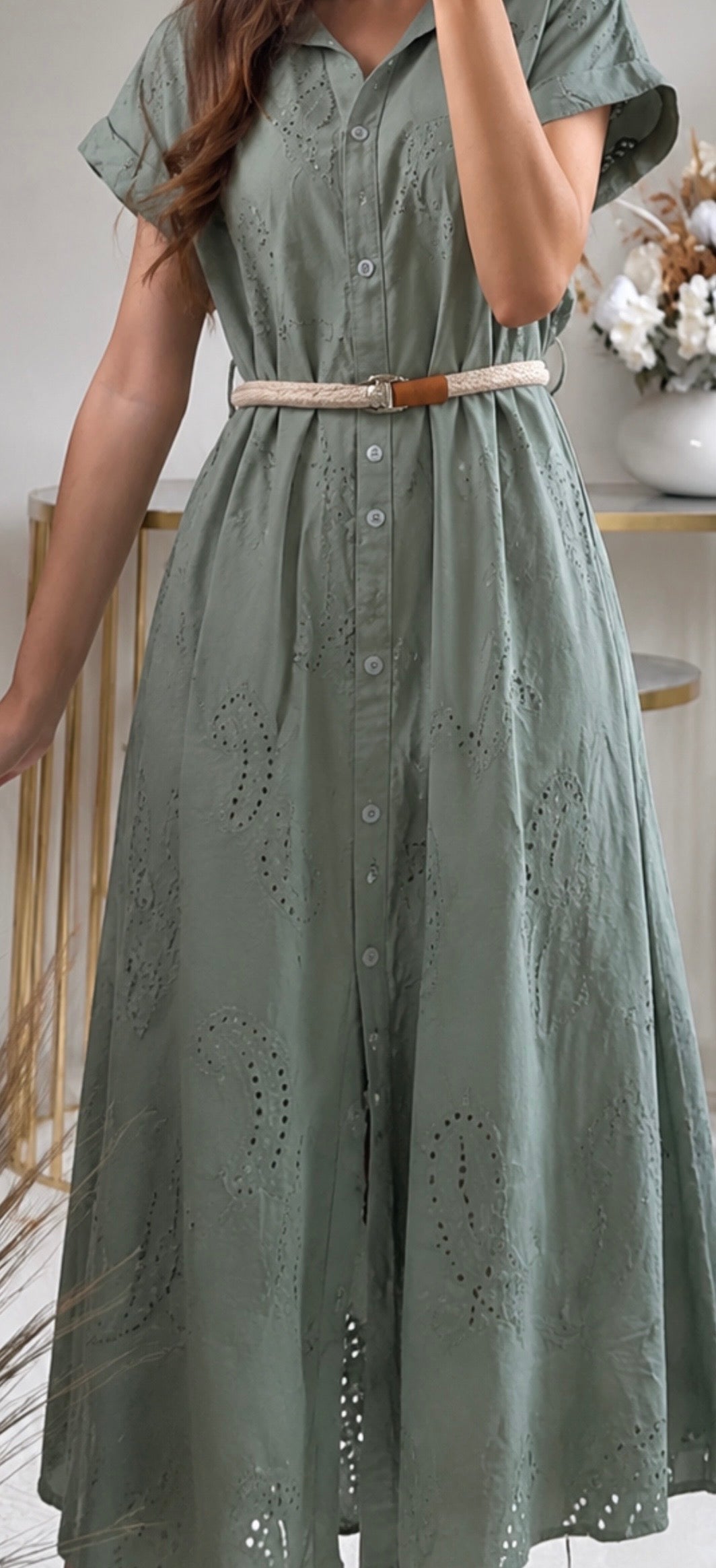 Midi-Hemdblusenkleid mit Lochstickerei & Gürtel