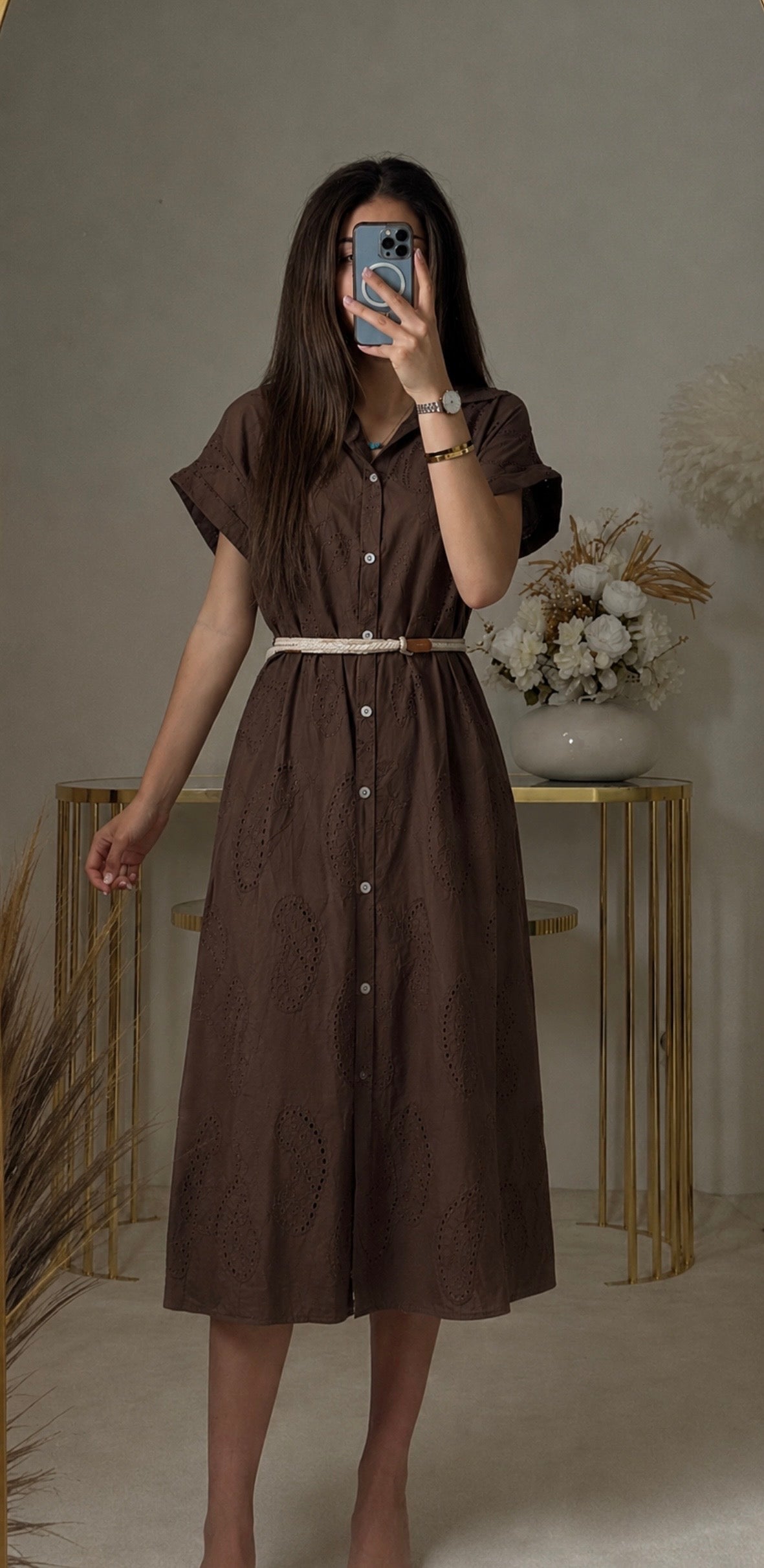 Midi-Hemdblusenkleid mit Lochstickerei & Gürtel