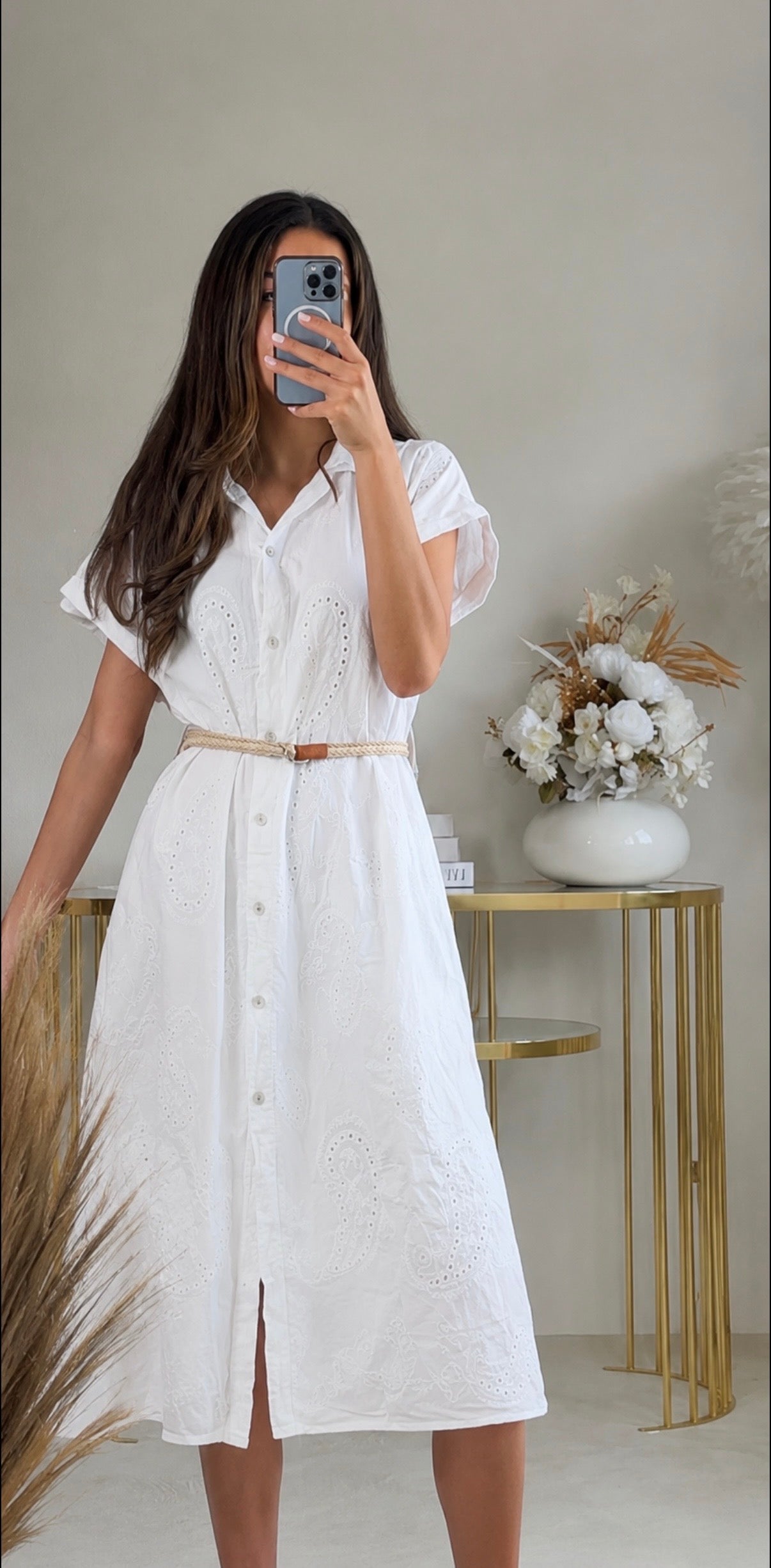 Midi-Hemdblusenkleid mit Lochstickerei & Gürtel