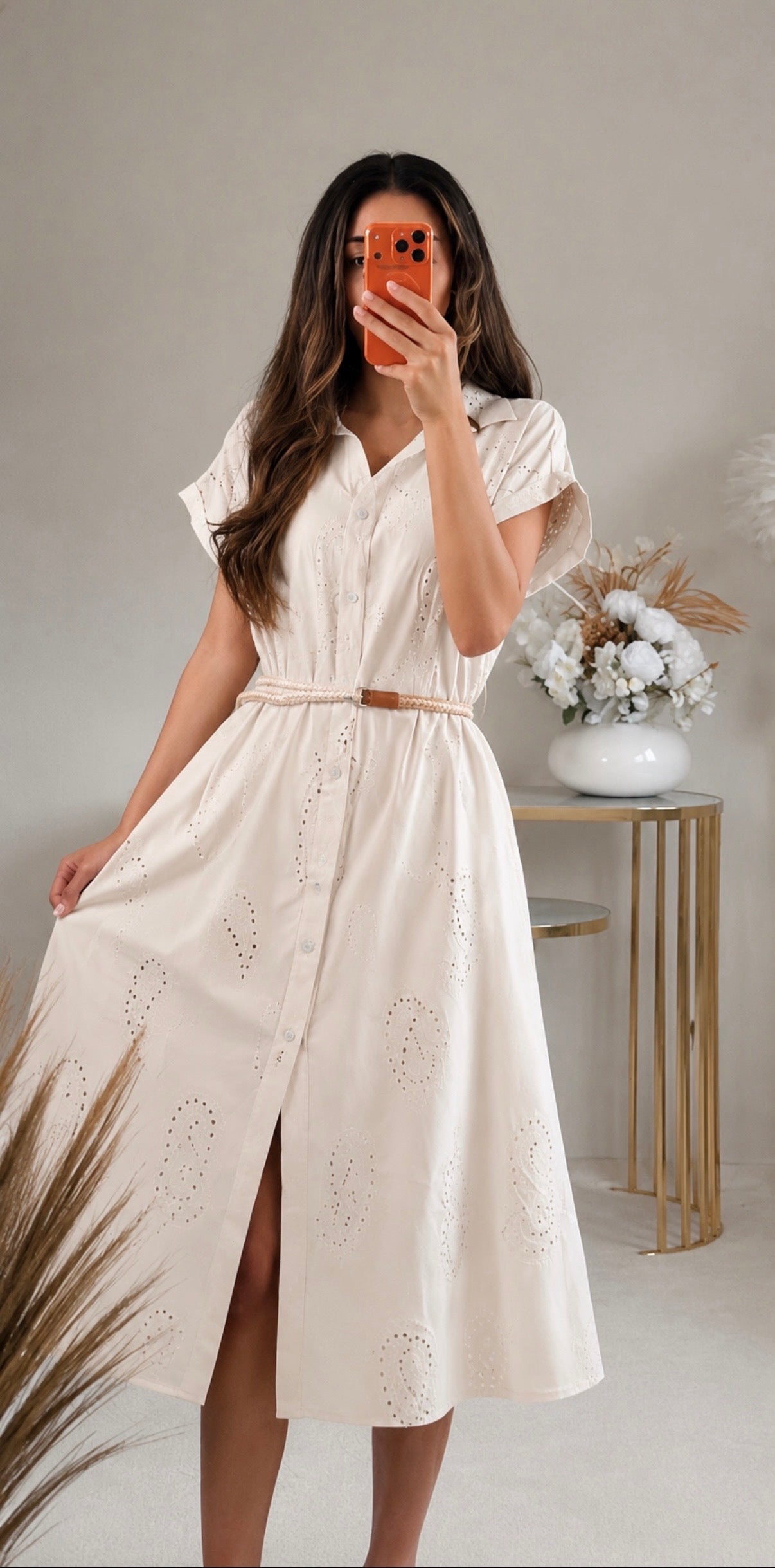 Midi-Hemdblusenkleid mit Lochstickerei & Gürtel