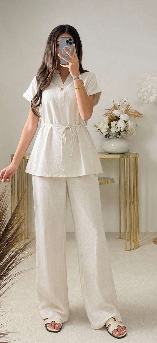 Eleganter Zweiteiler im Leinen-Look – Bluse & Palazzohose