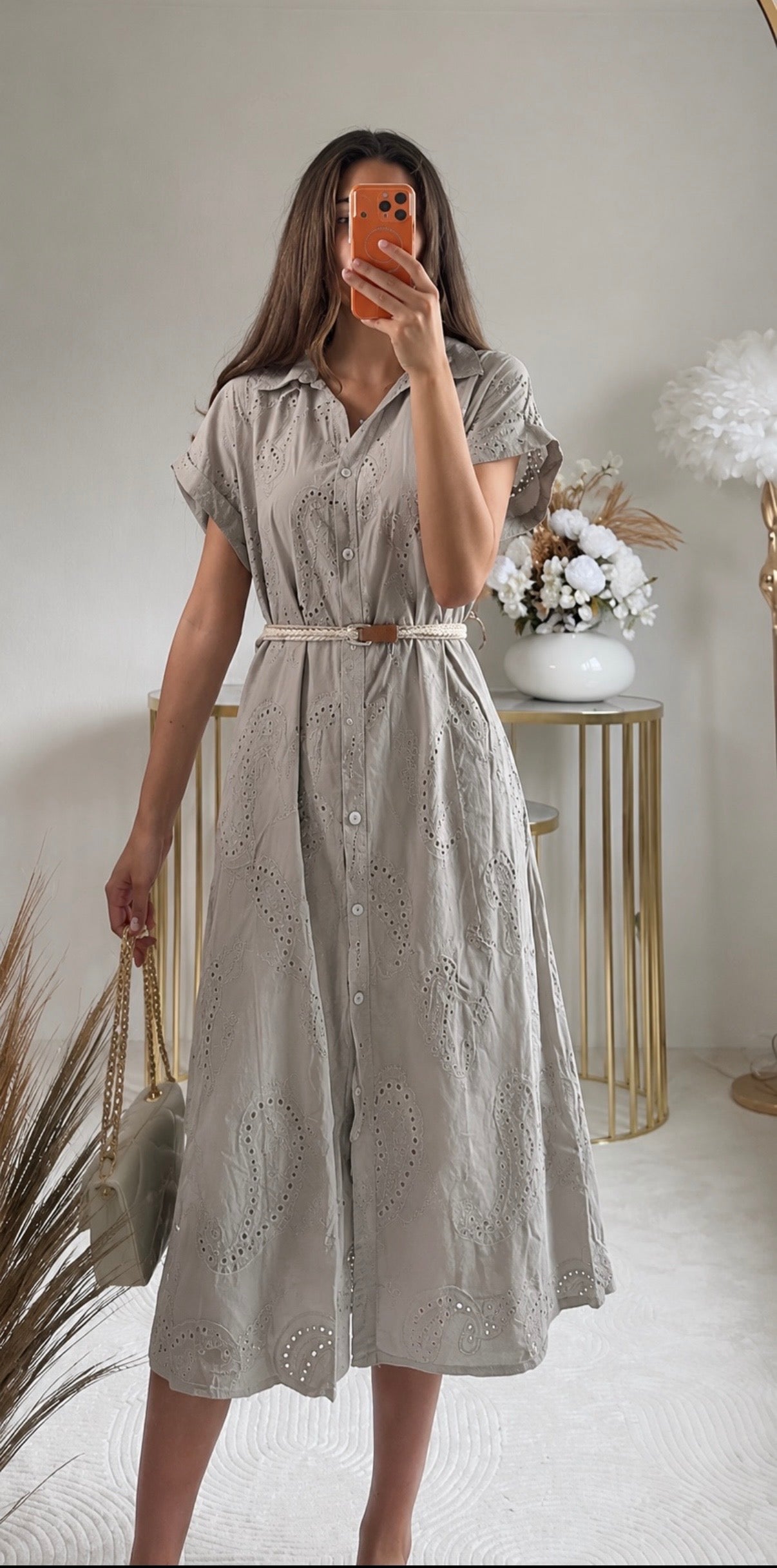 Midi-Hemdblusenkleid mit Lochstickerei & Gürtel