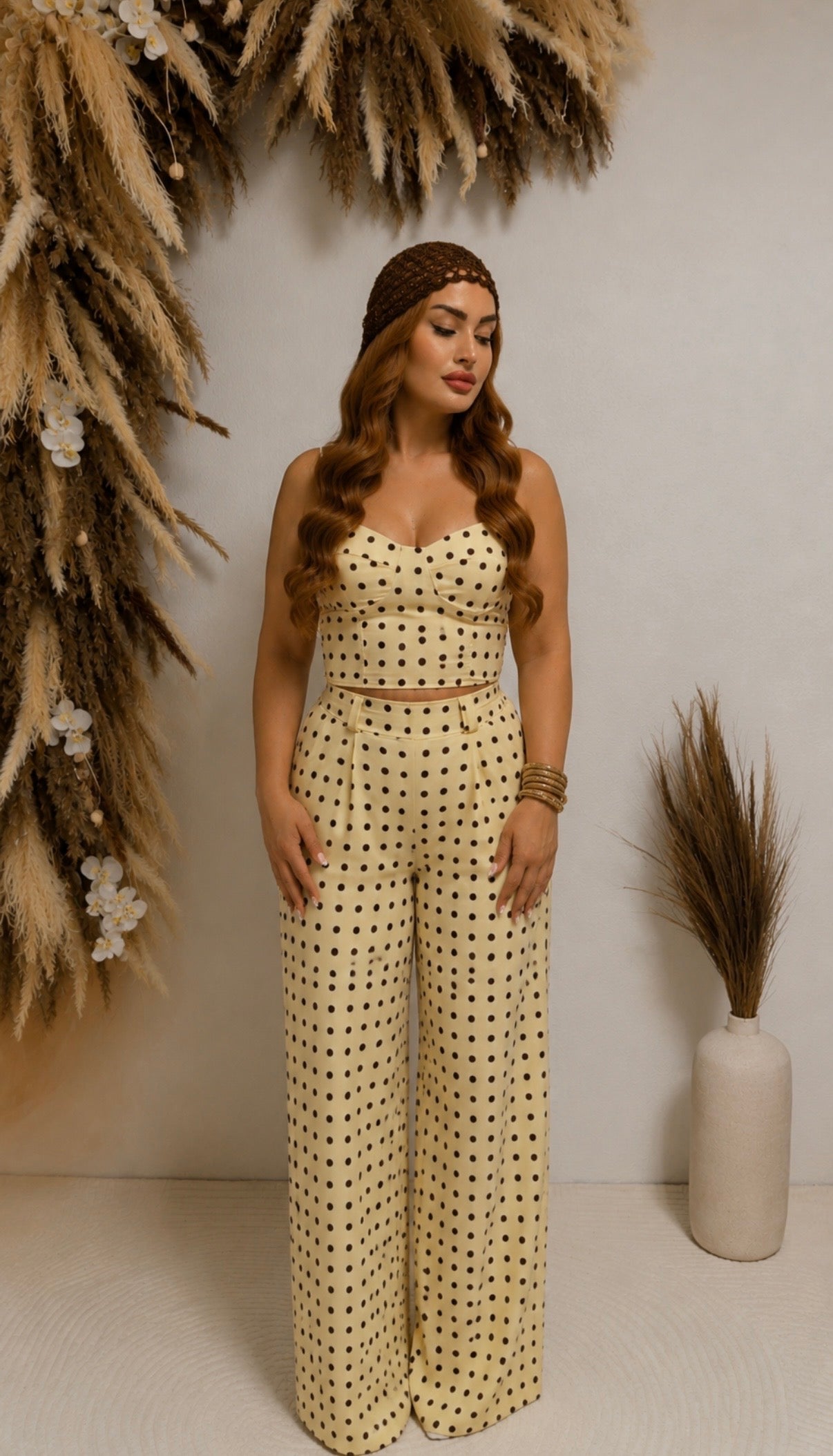 Eleganter Polka-Dot Zweiteiler – Crop Top & Palazzohose