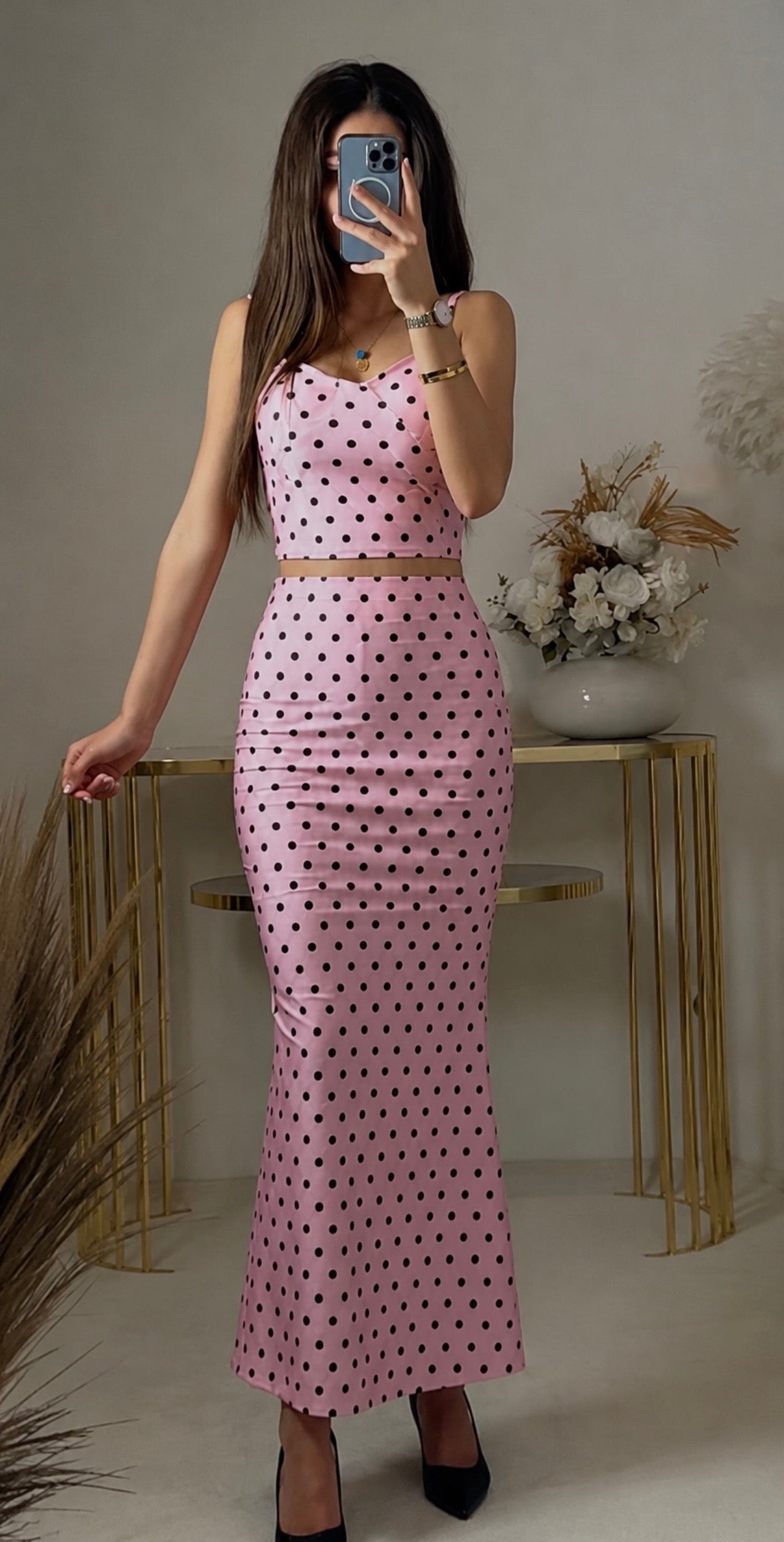 Polka-Dot Zweiteiler – Crop Top & Maxirock